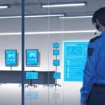 Oficina moderna con pantallas mostrando gráficos de ciberseguridad y códigos en azul