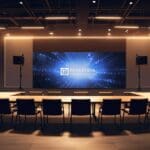 Salón de conferencias con panelistas y asistentes atentos en iluminación moderna