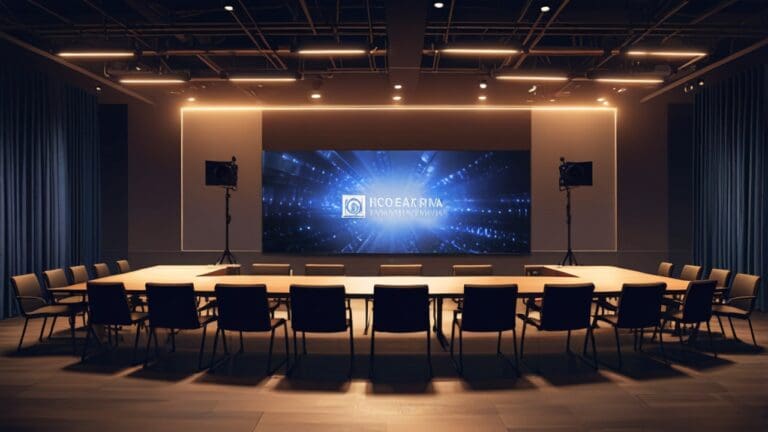 Salón de conferencias con panelistas y asistentes atentos en iluminación moderna