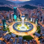 Vista aérea de un moderno centro de tecnología con conectividad digital en Bogotá