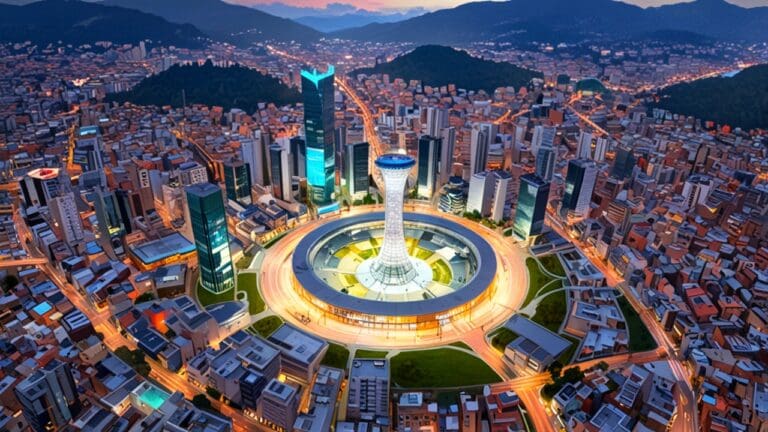 Vista aérea de un moderno centro de tecnología con conectividad digital en Bogotá