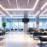 Vista interior de un moderno centro de negocios con equipos tecnológicos