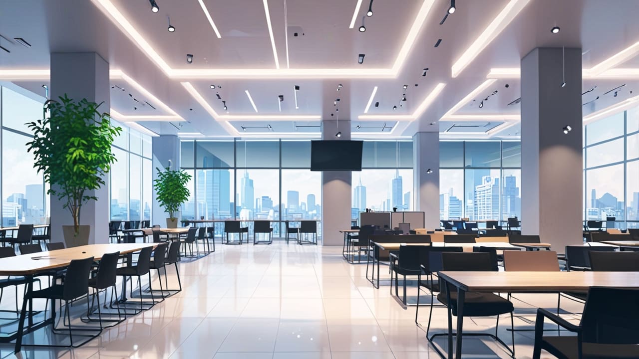 Vista interior de un moderno centro de negocios con equipos tecnológicos