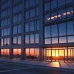 Edificios de oficinas modernos con tecnología avanzada al atardecer