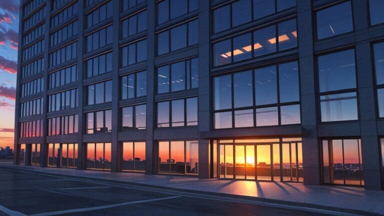 Edificios de oficinas modernos con tecnología avanzada al atardecer