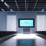 Vista de un moderno centro de conferencias con equipos tecnológicos y pantalla de presentación.