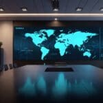 Sala de conferencias moderna con mapa global digital y símbolos tecnológicos en pantalla