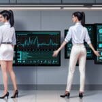 Oficina moderna con computadoras y gráficos digitales futuristas en pantallas