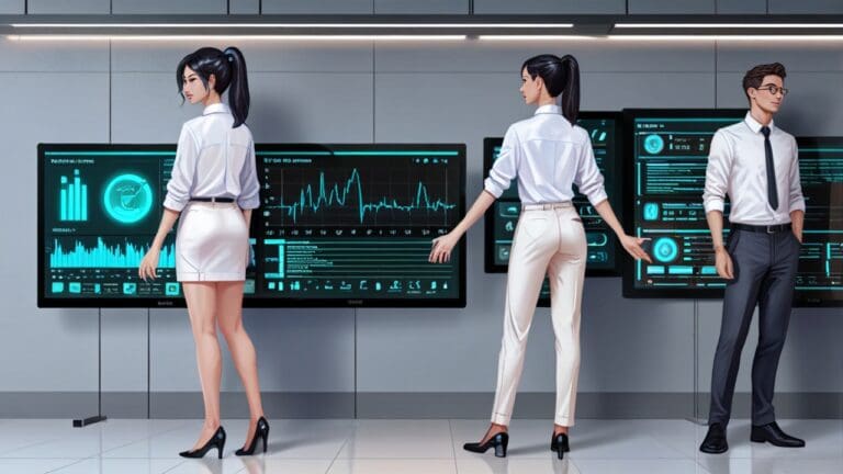 Oficina moderna con computadoras y gráficos digitales futuristas en pantallas