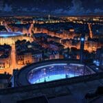 Vista panorámica del Gazometro de Roma con iluminación nocturna y ambiente tecnológico