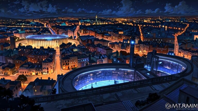 Vista panorámica del Gazometro de Roma con iluminación nocturna y ambiente tecnológico