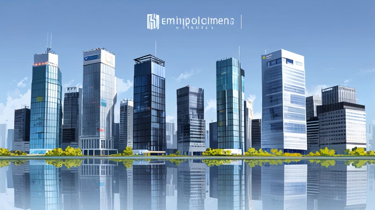 Edificios modernos de una ciudad con logos de empresas tecnológicas