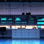 Laboratorio de tech startups con computadoras y gráficos de inteligencia artificial en pantalla