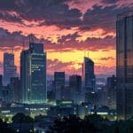 Vista de un moderno centro de innovación en un distrito financiero al atardecer, con un enfoque tecnológico y corporativo.