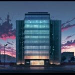 Edificio tecnológico moderno en el centro de una vibrante ciudad al amanecer