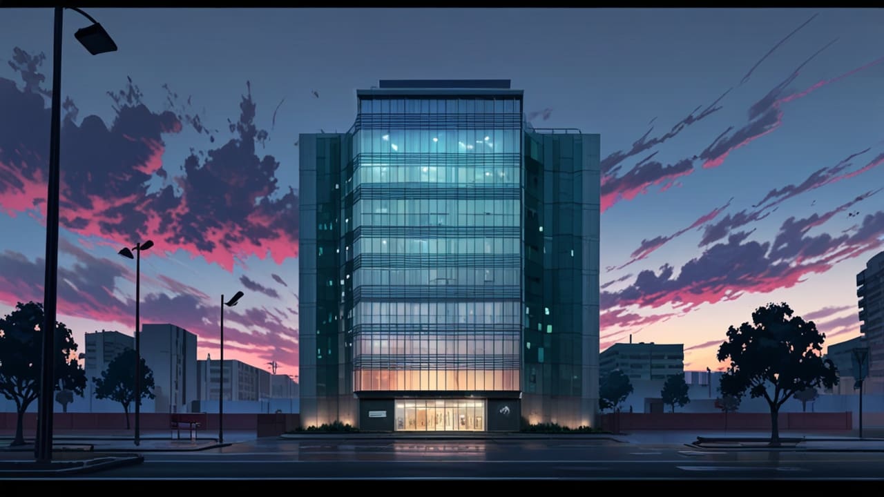 Edificio tecnológico moderno en el centro de una vibrante ciudad al amanecer