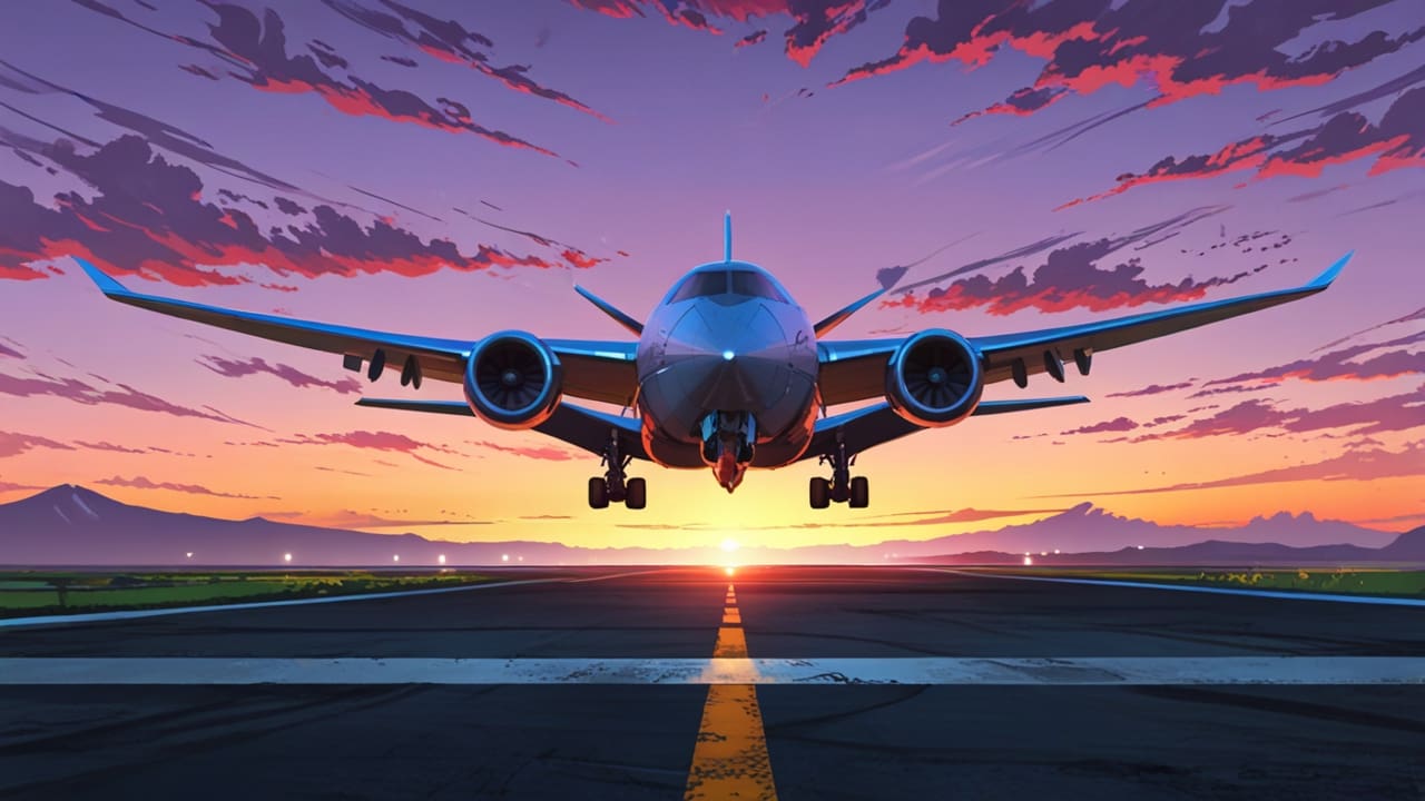 Avión futurista sobre una pista de aterrizaje al amanecer