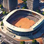 Vista aérea de un centro de conferencias moderno en un entorno urbano, con un enfoque en tecnología y deportes.