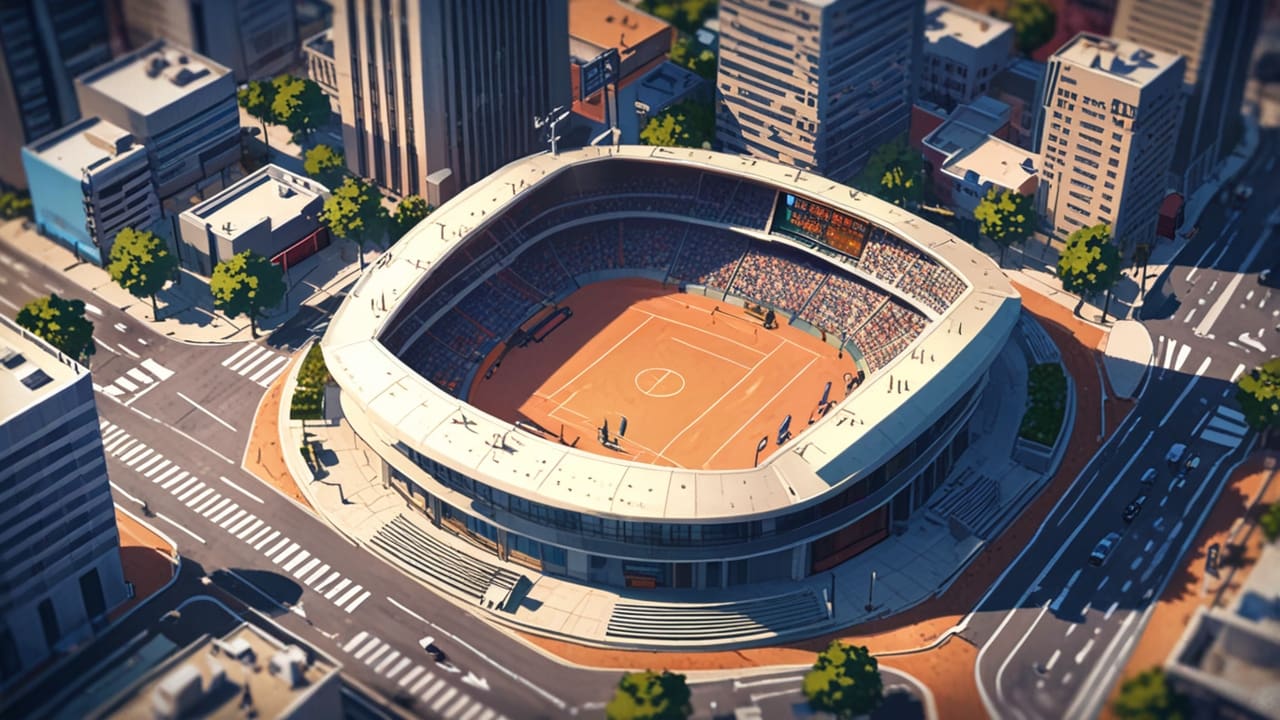 Vista aérea de un centro de conferencias moderno en un entorno urbano, con un enfoque en tecnología y deportes.