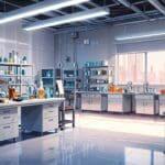 Interior de un laboratorio moderno con probióticos en primer plano y equipos tecnológicos de fondo