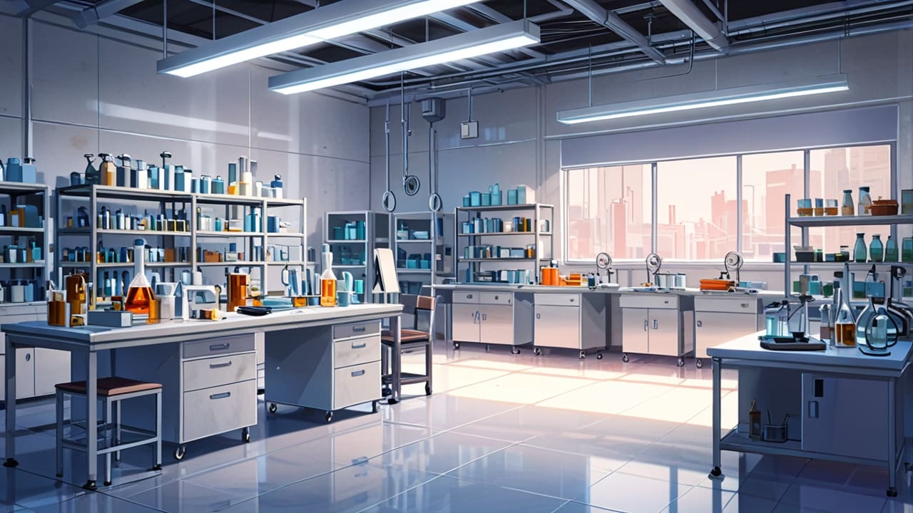 Interior de un laboratorio moderno con probióticos en primer plano y equipos tecnológicos de fondo