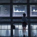 Oficinas modernas en un edificio tecnológico con pantallas mostrando datos financieros