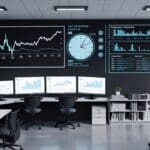 Oficina moderna de una startup tecnológica con computadoras y gráficos de datos en pantalla