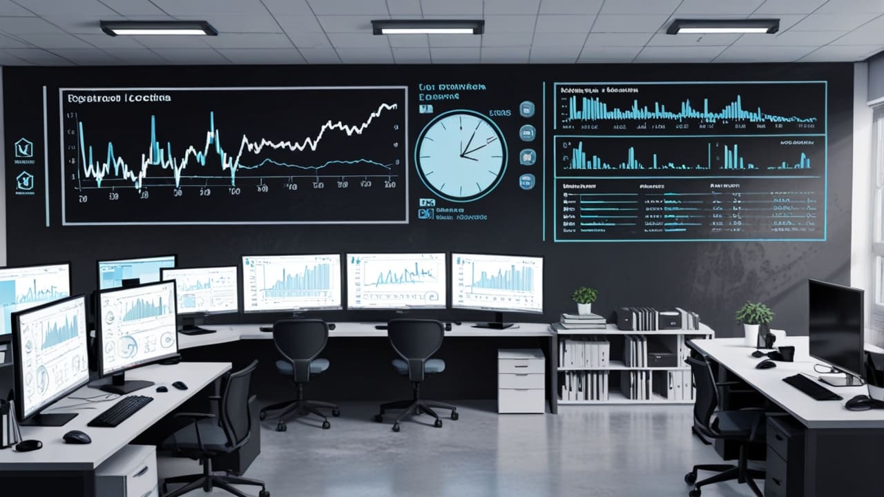 Oficina moderna de una startup tecnológica con computadoras y gráficos de datos en pantalla