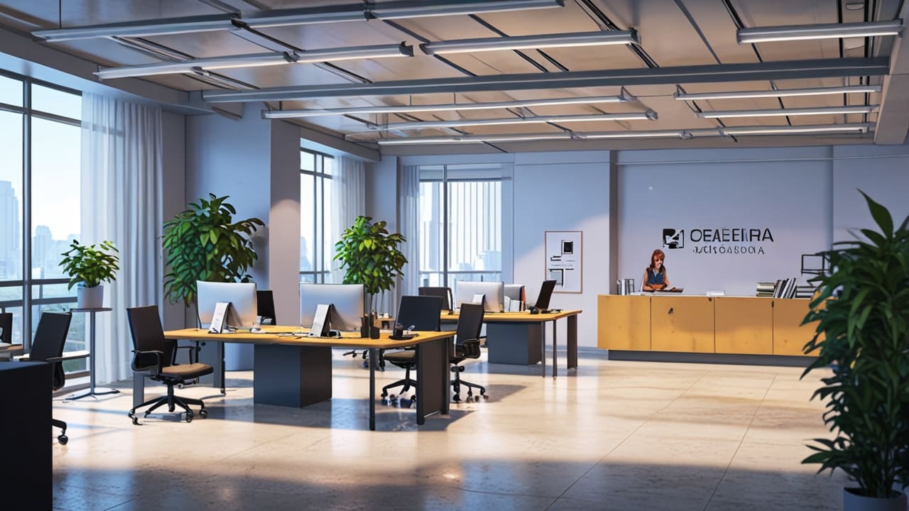 Oficina moderna con dispositivos tecnológicos en uso, ambiente laboral tranquilo