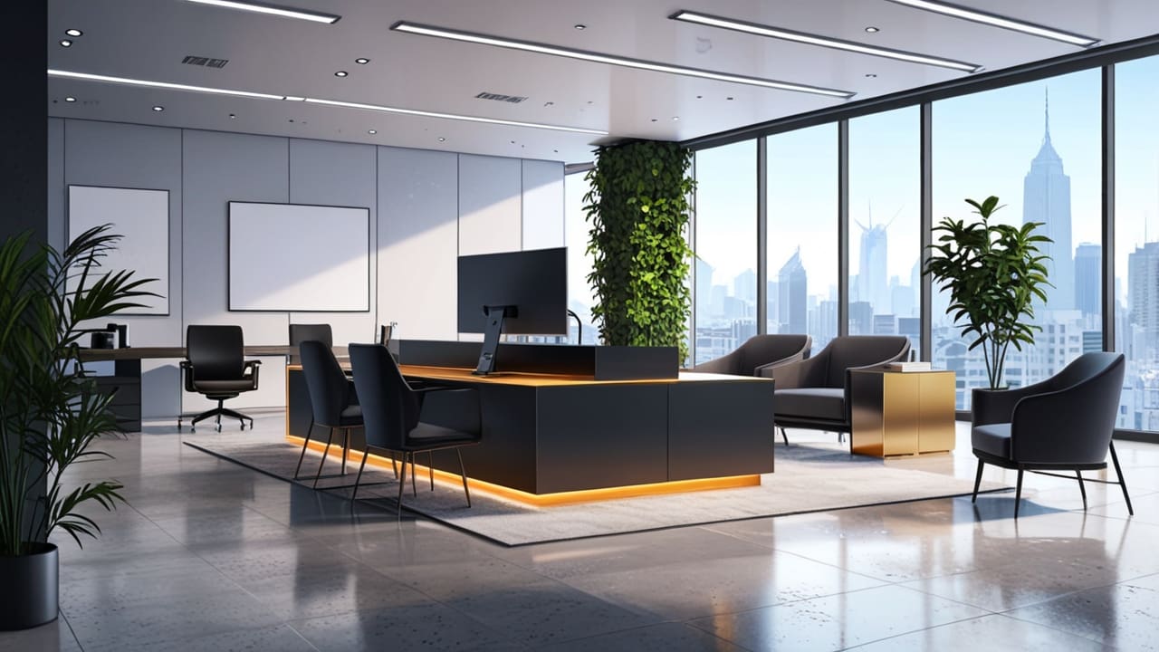 Oficinas modernas y elegantes con tecnología de punta en funcionamiento