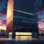 Edificio moderno de tecnología en un entorno corporativo urbano al atardecer