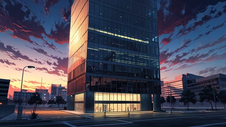 Edificio moderno de tecnología en un entorno corporativo urbano al atardecer