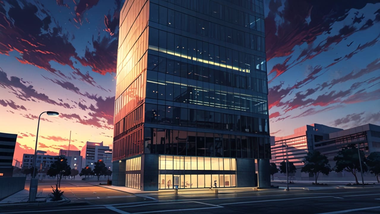 Edificio moderno de tecnología en un entorno corporativo urbano al atardecer