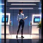Futurista oficina abierta de empresa tecnológica con equipos de trabajo y pantallas brillantes