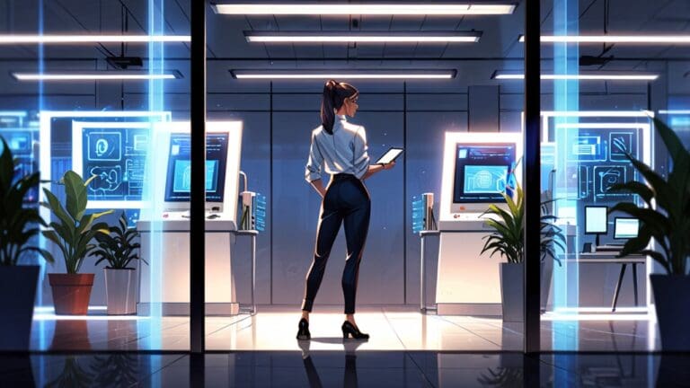 Futurista oficina abierta de empresa tecnológica con equipos de trabajo y pantallas brillantes