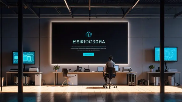 Espacio moderno y tecnológico de una startup en Barcelona con pantallas mostrando software innovador.