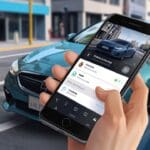 App de coche compartido en una interfaz moderna de smartphone en un entorno urbano
