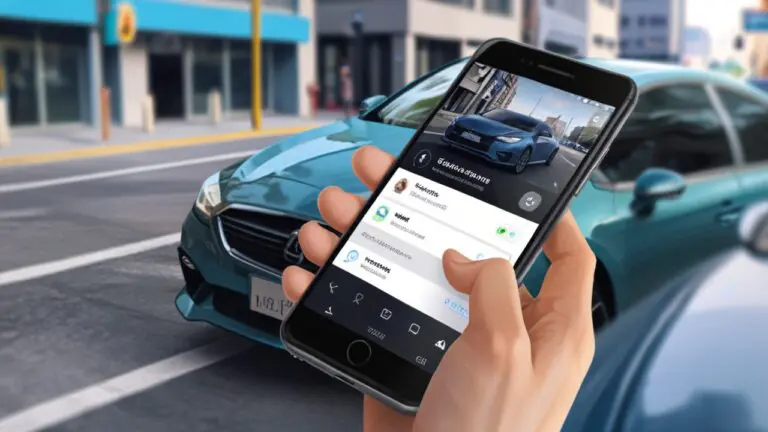 App de coche compartido en una interfaz moderna de smartphone en un entorno urbano