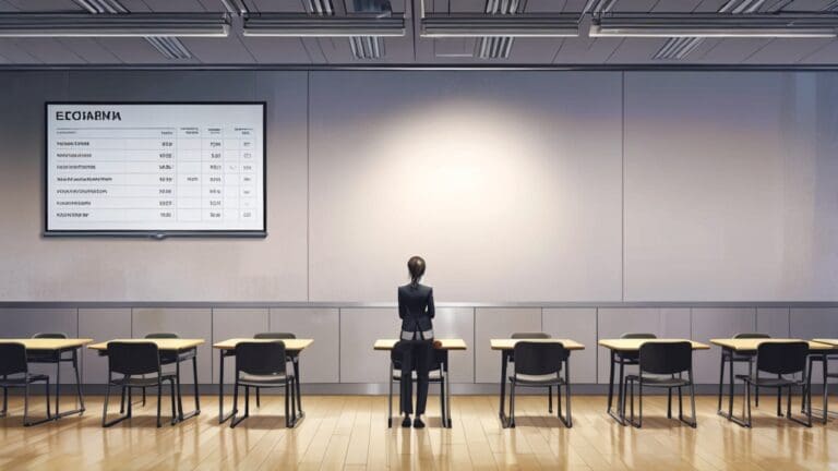 Sala de juntas moderna con pantallas mostrando datos financieros en un entorno corporativo.