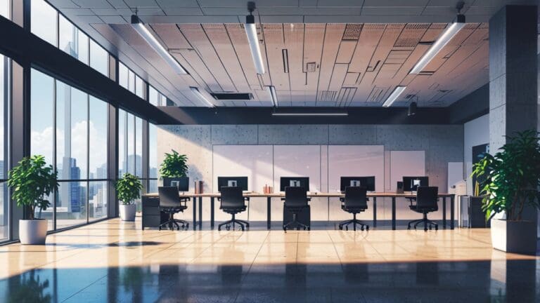 Espacio moderno de oficinas con equipos de tecnología avanzada.