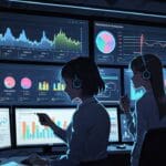 Oficina moderna con monitores mostrando datos de inteligencia artificial