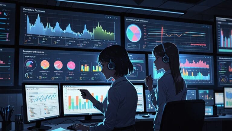 Oficina moderna con monitores mostrando datos de inteligencia artificial