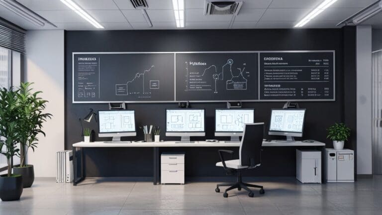 Interior de una oficina tecnológica con computadoras y pantallas de datos, estilo moderno y limpio