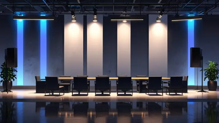 Salón corporativo tecnológico con escenario iluminado al fondo