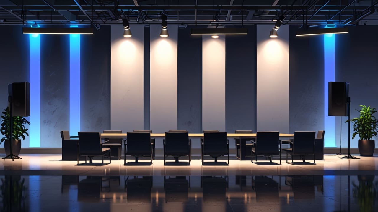 Salón corporativo tecnológico con escenario iluminado al fondo