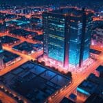 Vista aérea de un distrito tecnológico moderno con edificios innovadores y luces de neón al atardecer