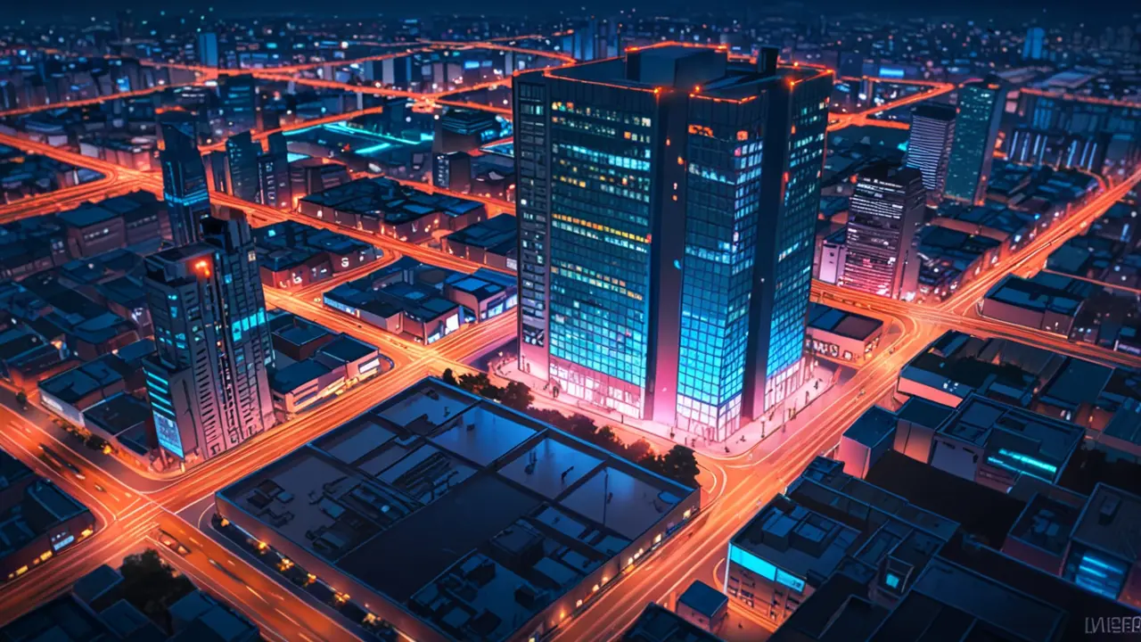 Vista aérea de un distrito tecnológico moderno con edificios innovadores y luces de neón al atardecer