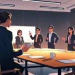 Empresarios discutiendo un nuevo producto en una sala de reuniones moderna