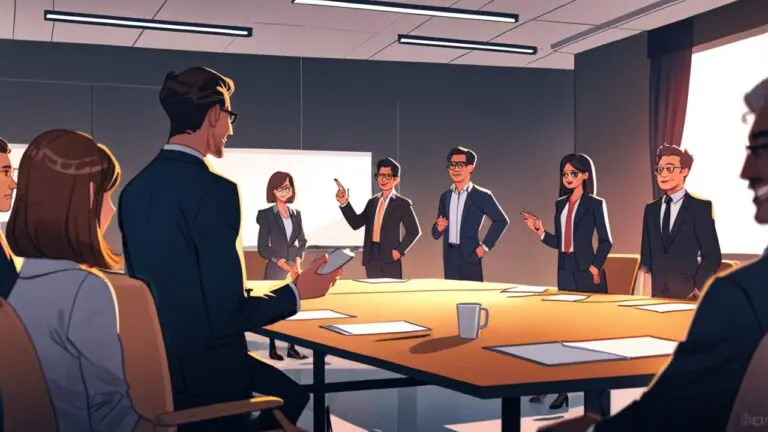 Empresarios discutiendo un nuevo producto en una sala de reuniones moderna