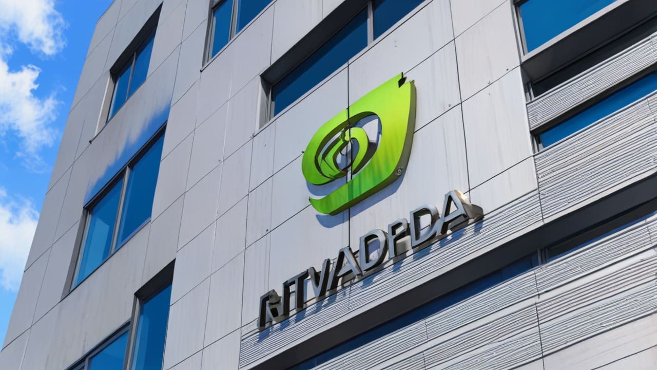 Fachada de edificio moderno de tecnología con logotipo de Nvidia destacándose contra un cielo nublado